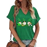 PUCKOLITY St Patricks Day V Neck Shirts for Women Lucky Irish Shamrock Clover Graphic Shirt Casual Short Sleeve T Shirt Tops