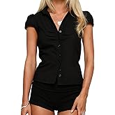 VFURYGD Women's Button Down Shirts Cap Sleeve Lapel Collar Tie Back Slim Fit Tops Coquette Babydoll Blouse