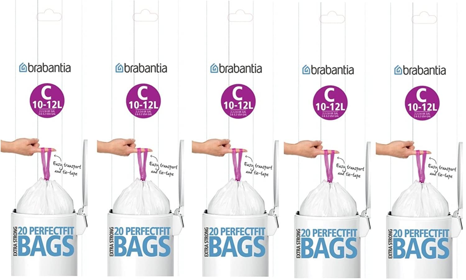 Brabantia Heavy Duty Perfect Fit Bin Liners (5 Packs of 20) 10-12 Litre