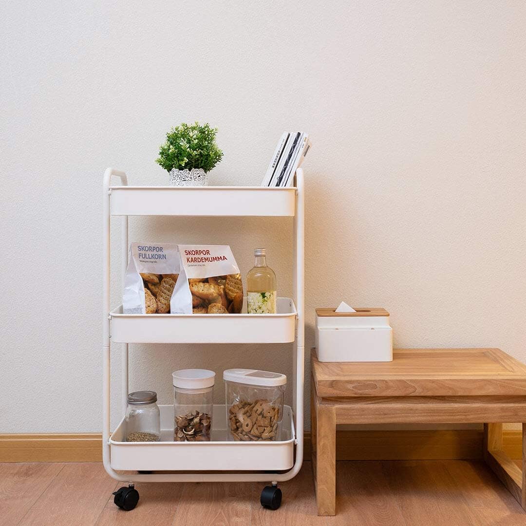 Buruis 3-Tier Rolling Utility Cart Metal Storage Shelves Multifunction Trolley with Utility Handles Easy Assembly for Kitchen, Office, Bedroom, Nursery Room, Pantry, Bathroom (White): Kitchen & Dining