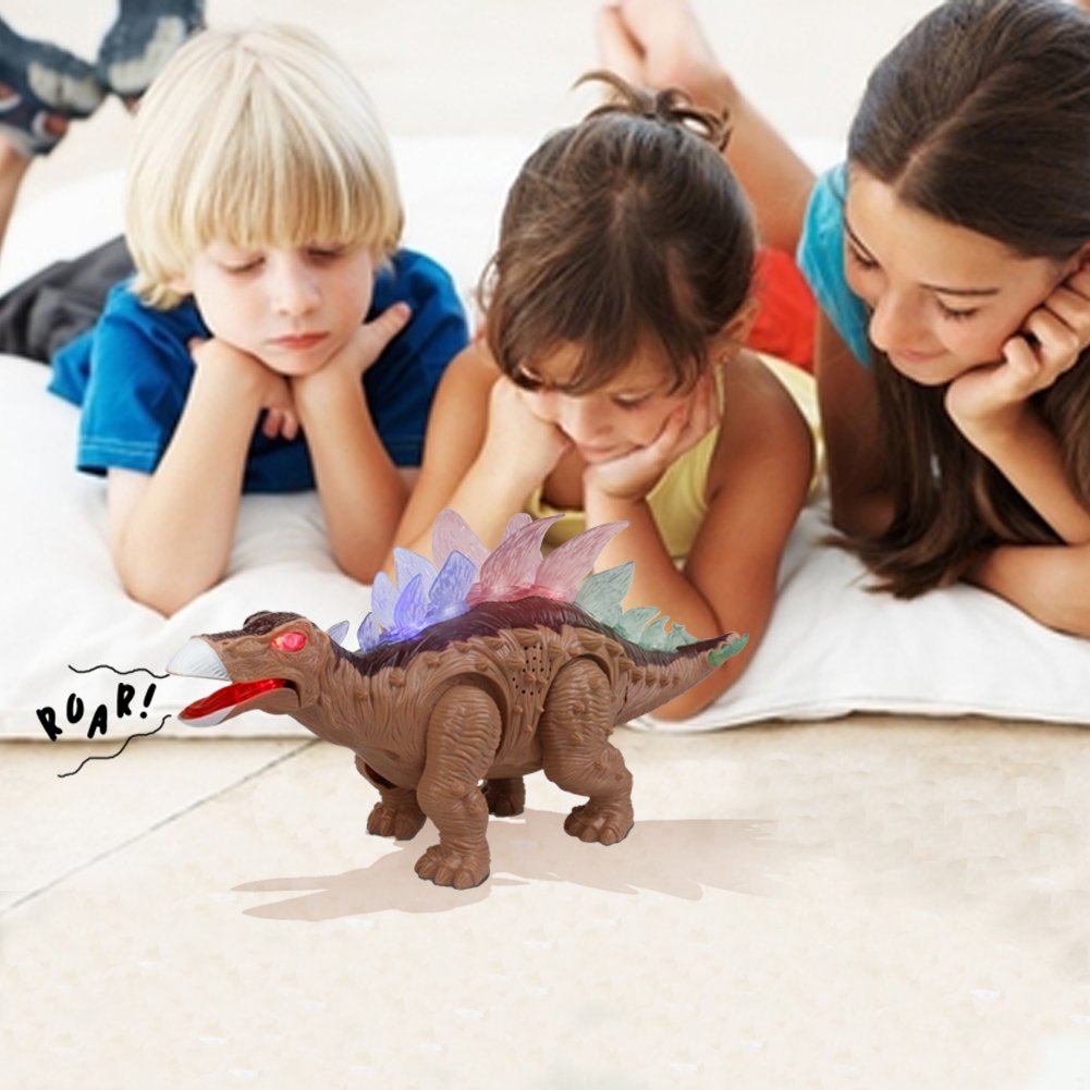 Fajiabao Dinosaur Toy Stegosaurus Electric Walking with Roar Sound and Colorful LED Light Glow Realistic Brown for Children Toddlers Kids Boys Girls