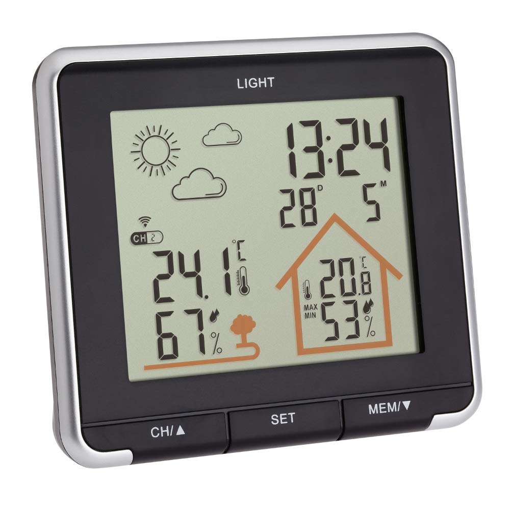 TFA Dostmann Wireless weather station Life, 35.1153.01, Outdoor temperature and humidity via transmitter, weather symbols, clock with date, black