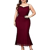 CYCLAMEN Plus Size Mesh Mermaid Dress Ruched Spaghetti Strap Fitted Sleeveless Cami Dresses Cocktail Party Wedding Guest