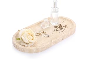 ELLDOO 12" Natural Beige Travertine Vanity Tray, Luxury Decorative Tray for Bathroom Dresser Nightstand, Vintage Oval Storage Dish for Perfume Jewelry Candles, Home Decor