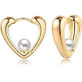 MEVECCO Gold Heart Earrings for Women 18K Gold Huggie Hoop Earrings Dainty Pearl Heart Earrings Handmade Hypoallergenic Ear Jewelry Gifts