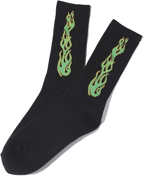 Amazon ファイヤークルーソックスb 靴下 炎 韓国 メンズ レディース ストリート ファッション ダンス Spinns スピンズ ブラックxグリーン スポーツソックス 通販