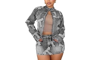 Molilove 2 Piece Denim Skirt Jacket Set Women Zipper Jacket Top Elastic Waist Skirt with Pockets Sweatsuit Tracksuit Sets
