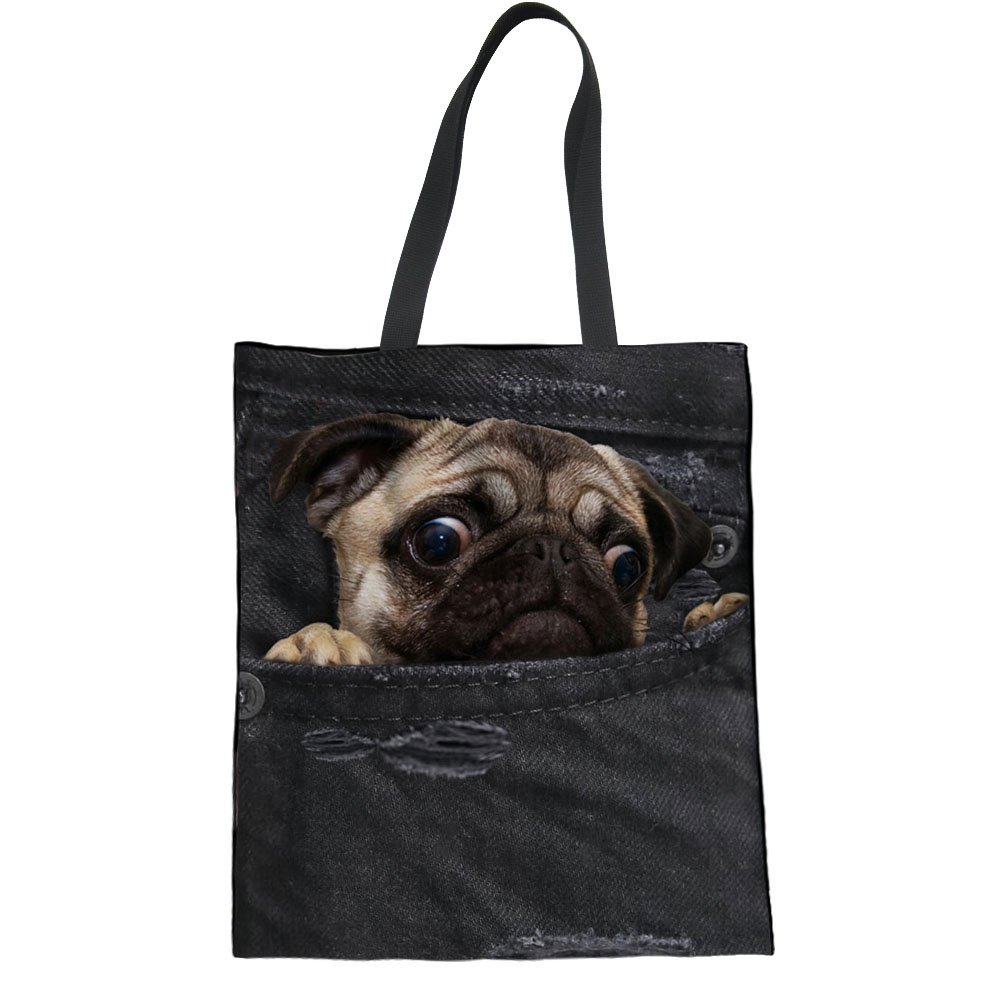 HUGS IDEA Cute Pug Print Travel Linen Tote Bag Shopping Protable Shoulder Bag Student College Bag