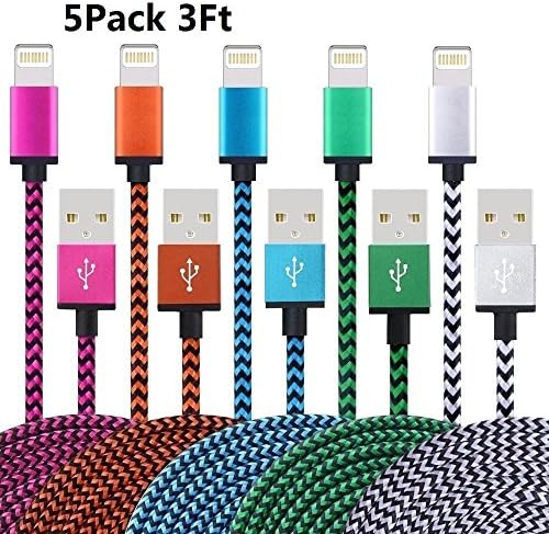 iPhone Cable ,5Pack 3FT Lightning To Usb Cable Nylon Braided Cord Lightning Cable Certified to USB Charging Charger for iPhone 7,7 Plus,6S,6 Plus,SE,5S,5,iPad,iPod Nano 7