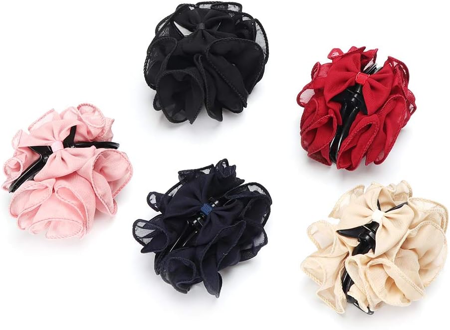 5Pack Butterfly Jaw Large Clips Silk Chiffon With Rose Flower Style Bows For Women For Ballet Dance Hair Accessories