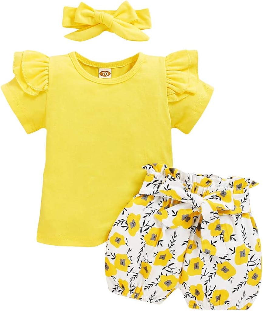 Shimigy Newborn Infant Baby Girls Solid Frill Tops+Floral Shorts+Headband Outfits Clothe