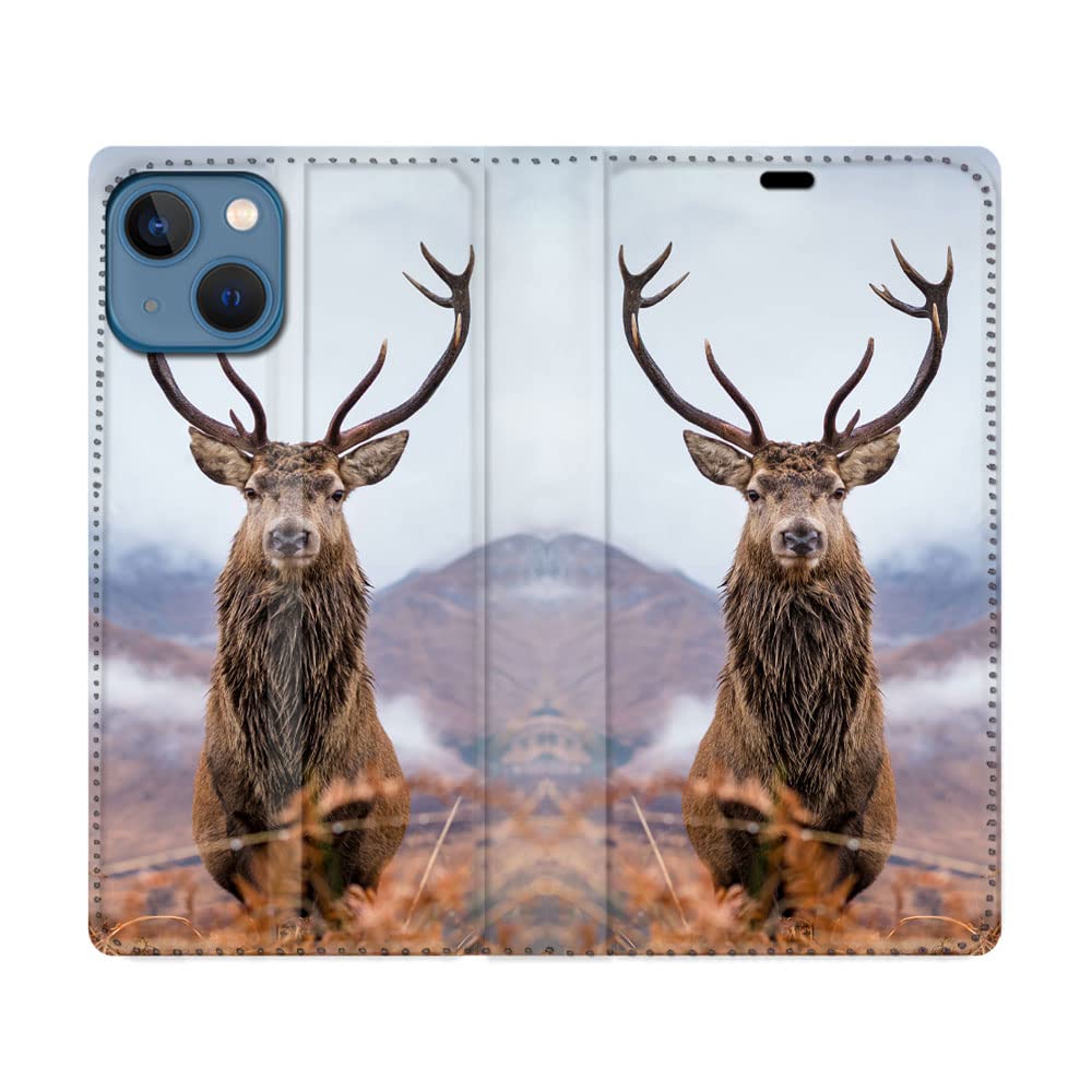 Cokitec Leather Wallet Case for iPhone 14 Plus (6.7) Hunting Deer Mountain