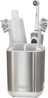 EasyStore Soporte Porta Cepillo y Pasta de Dientes, Compatible con Cepillos Eléctricos y Tradicionales, 3 Compartimentos, Almacenamiento Baño Desmontable, Mediano, Acero Inox