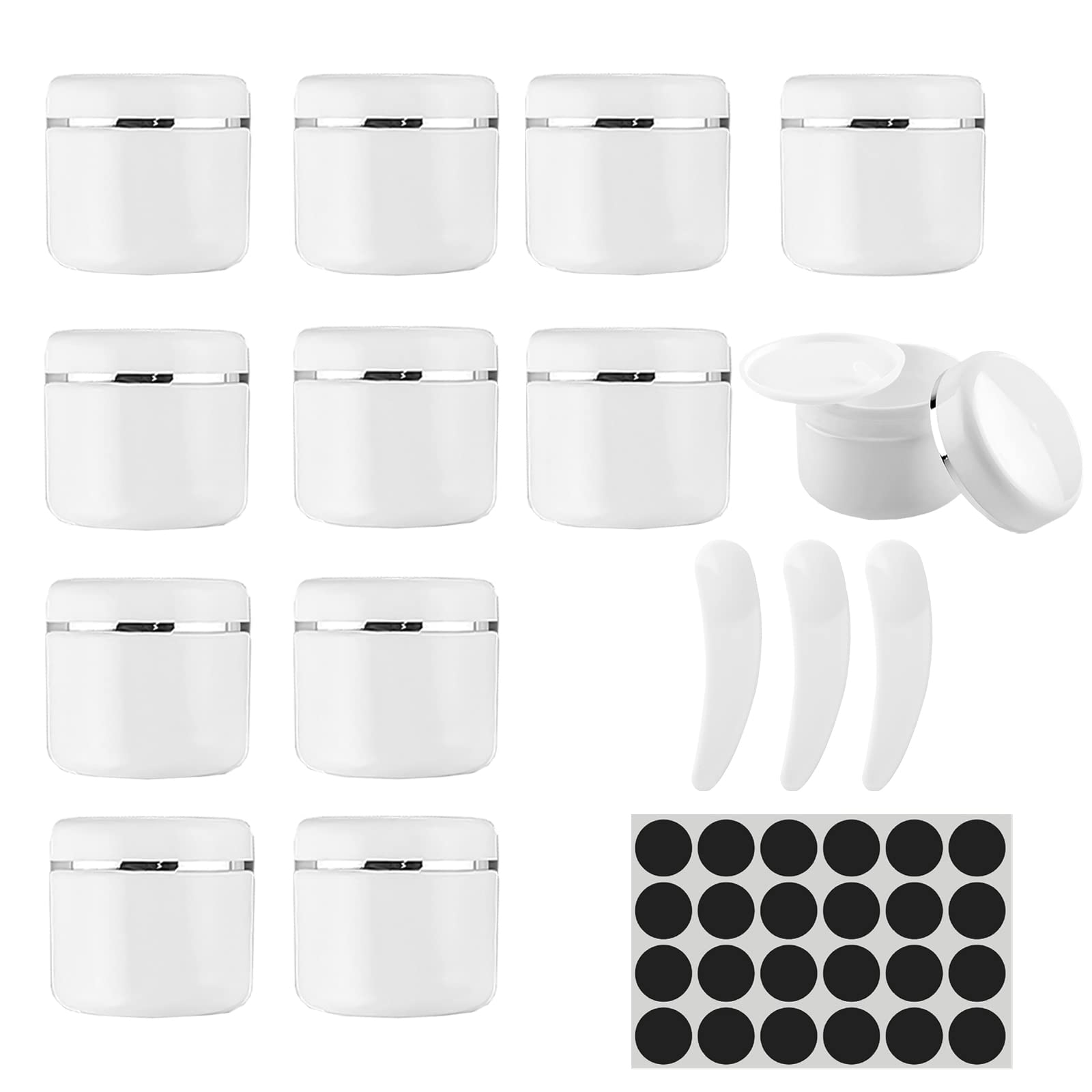12PCS Large Sample Pots 50ml/50g Travel Cosmetic Jar Plastic Containers Refillable Empty Cream Bottles with Lids Labels Spatula Use for Toiletries Balm Liquid Emollient Ointment Lotion Storage