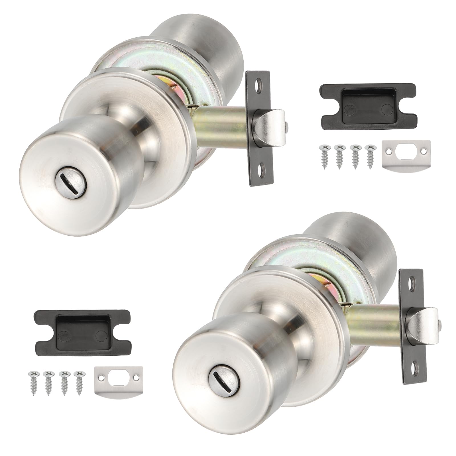 PATIKIL Privacy Keyless Door Knobs Interior, 2 Pack Round Zinc Alloy Bedroom Bathroom Door Knob with Lock Entry Indoor Outdoor Door, Sanding Color