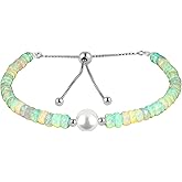 CRYSTALIS Natural Ethiopian Opal Beads Slider Bracelet with Elegant Pearl, High Grade Beaded Crystals, Chakra Healing Gemstone, Gift Giving Women Jewelry, 925 Sterling Silver Slider 10 inch