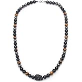 Triple Protection Crystal Necklace for Men, COLORFEY Healing Crystal Tourmaline Necklace Real Tiger Eye Obsidian Hematite Beads Necklace for Men, Premium Mens Beaded Jewelry Gifts for Stress Relief