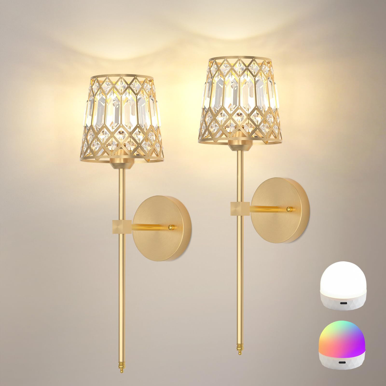 Photo 1 of Gold Battery Operated Wall Sconces Set of 2, Crystal Rechargeable Wireless Wall Sconce Light Fixtures for Home Decor, Dimmable 12 RGB and 3CCT Wall Lamps with Remote for Living Room Bedroom Hallway