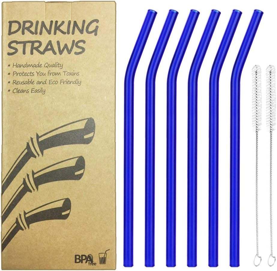 Reusable Bent Glass Drinking Straws, Set of 6 with 2 Cleaning Brushes,Shatter Resistant,BPA Free, Non-Toxic, Eco-Friendly, 200mm x 10mm (Bent 8'' x10mm, Blue)