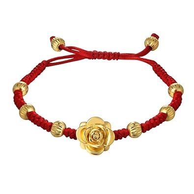 Simple Red String Gold Plated Flower Bead Charm Bracelet Adjustable