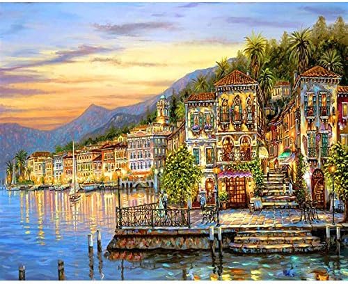 DIY Oil Painting, Paint by Number Kit for Home Wall Decor Art Gift, Golden Harbor
