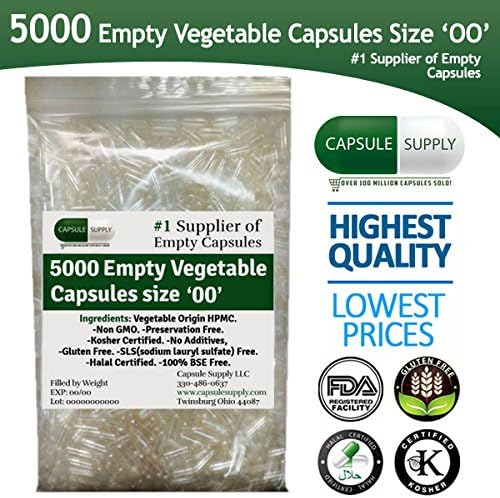 5000 Empty Vegetarian Vegetable (Size 00) Capsules | Halal/Kosher Certified | SLS - Free | High Quality Capsule Supply Products (5000)