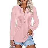 TICTICMISS Women's Puff Long Sleeve Tops Pleated V Neck T Shirts Henley Button Tunic Blouses