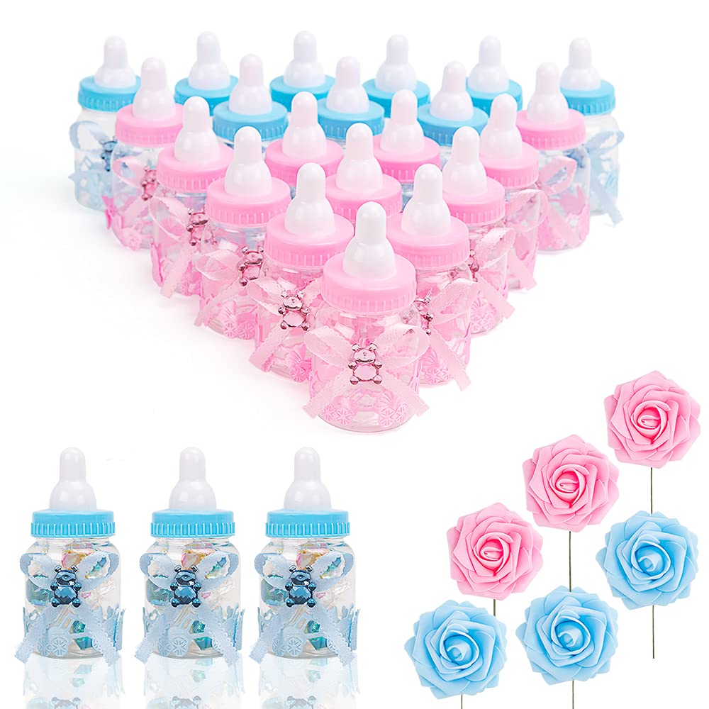 N&T NIETING Baby Shower Candy Bottle, 24Pcs Baby Shower Favours Fillable Baby Bottles with 6Pcs Roses, Mini Feeding Box for Infant Baptism Party Supplies Boy Girl Christening Birthday Decor(Pink&Blue)