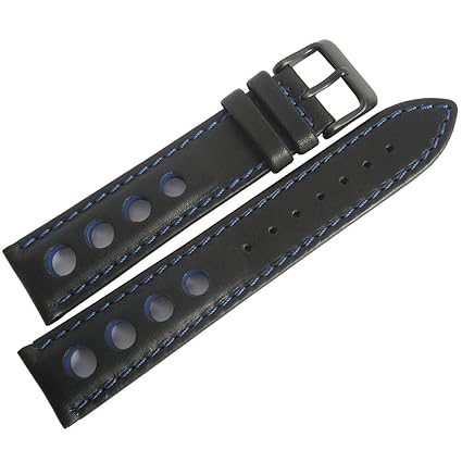 EULIT 22mm German Black Blue GT Racing Rally PVD BUCKLE Leather Watch Strap