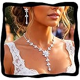 Aukmla Silver Wedding Jewelry Set Rhinstone Bridal Necklace Earrings Sets Prom Necklaces for Women