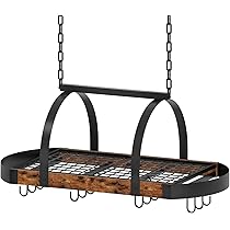 Porte-casseroles Suspendu Plafond Avec 12 Crochets - Dimensions 80x40.5 Cm, Charge 110 Kg, Couleur Marron Rustique Ou Noir