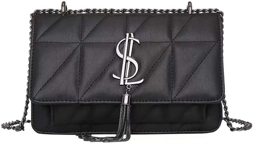 Chain Cross-Body Bag Black PU Leather Messenger Bag Womens Silver Chain Shoulder Tassel Chain Cross-Body Bag Black PU Leather Messenger Bag Womens Silver Chain Shoulder Bag 23*15*8 CM for Womens Girls