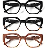 prtcslwd 3 Pack Trendy Square Ladies Reading Glasses, Fashion Blue Light Blocking Stylish Computer Readers for Women