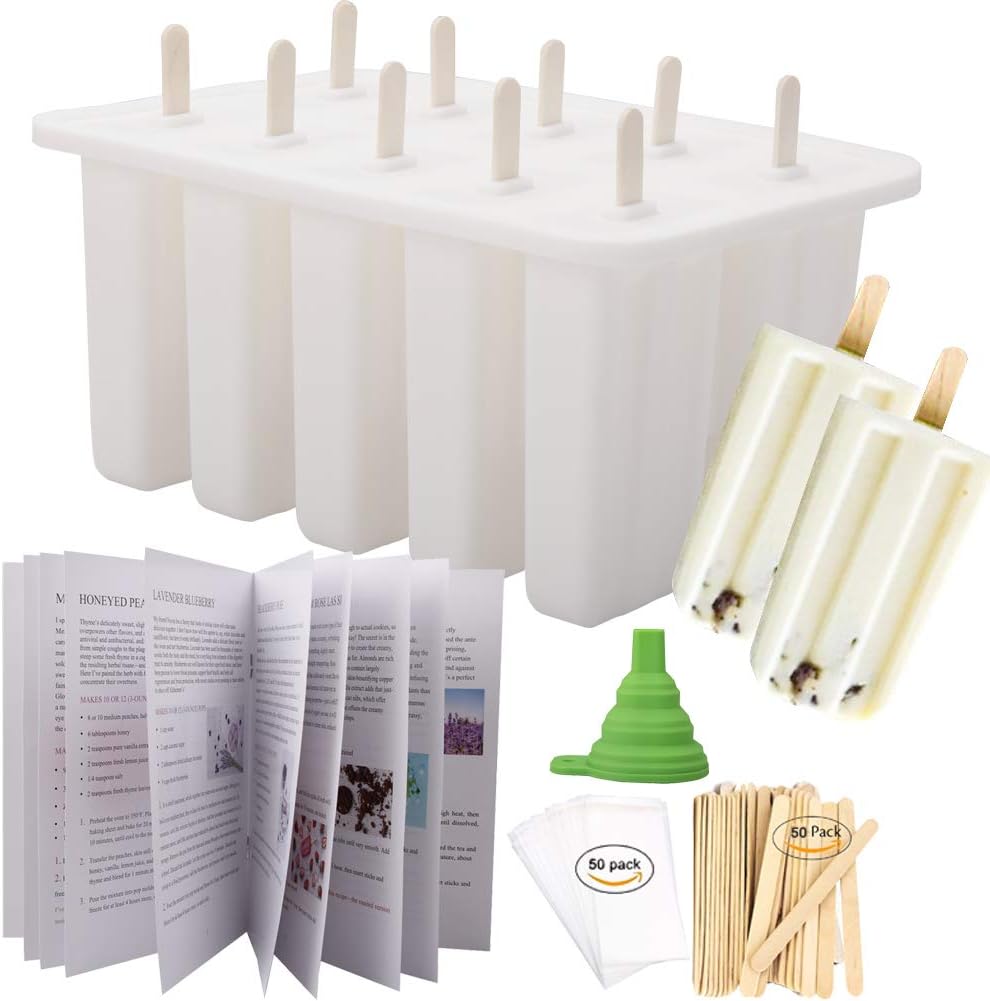 Homemade Popsicle Molds Shapes, Food Grade Silicone Frozen Ice Popsicle Maker-BPA Free, with 50 Popsicle Sticks 50 Popsicle Bags Silicone Funnel and Ice Pop Recipes Book