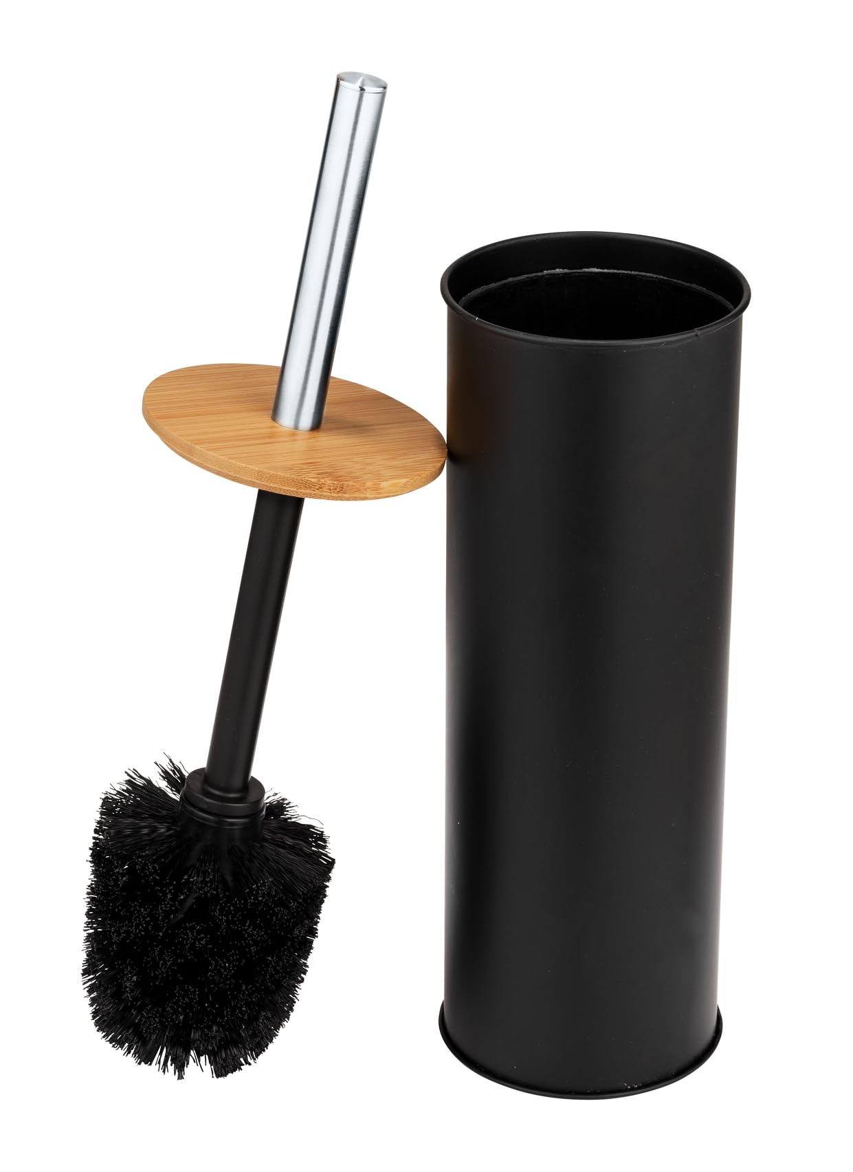 WENKO Tortona Closed Toilet Brush Made of Steel, Combined with Bamboo, Diameter 9.5 x 38.5 cm, Black