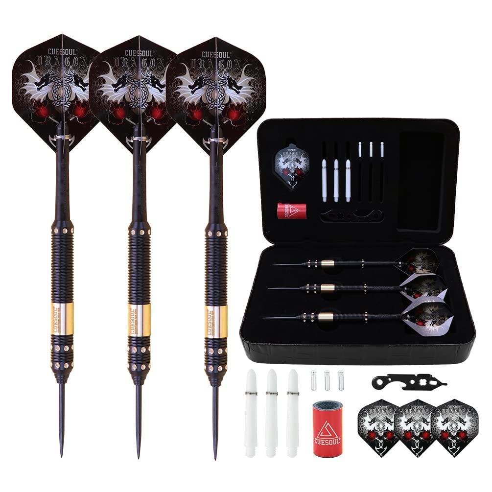 CUESOUL Dragon Series 23 Grams Professional Steel Tip Darts Set Brass Barrels Shockproof Deluxe PU Carry Case Nylon Shafts Well Balanced (JL-SL-J2103L)