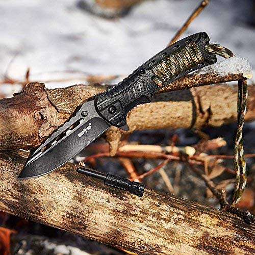 Pocket Knife - Tactical Folding Knife - Spring Assisted Knife with Fire Starter & Paracord Handle - Best EDC Survival Hiking Camping Knife for Army Military Emergency Outdoor Rescue - GrandWay 6772