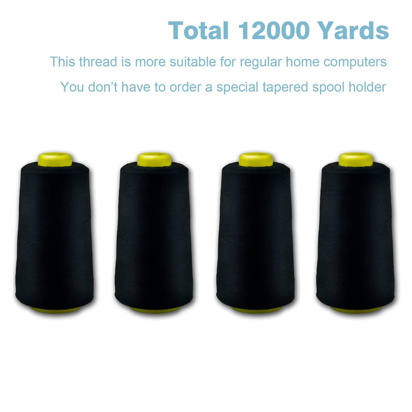 Black Serger Thread, All-Purpose Thread for Sewing, Polyester, 4 Cones of 3000 Yards Each Spool for Sewing Machine