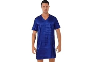Hularka Men's Silk Satin Nightshirt Nightgown Short Sleeve V-neck Casual Nightwear Top Shirt Sleepwear
