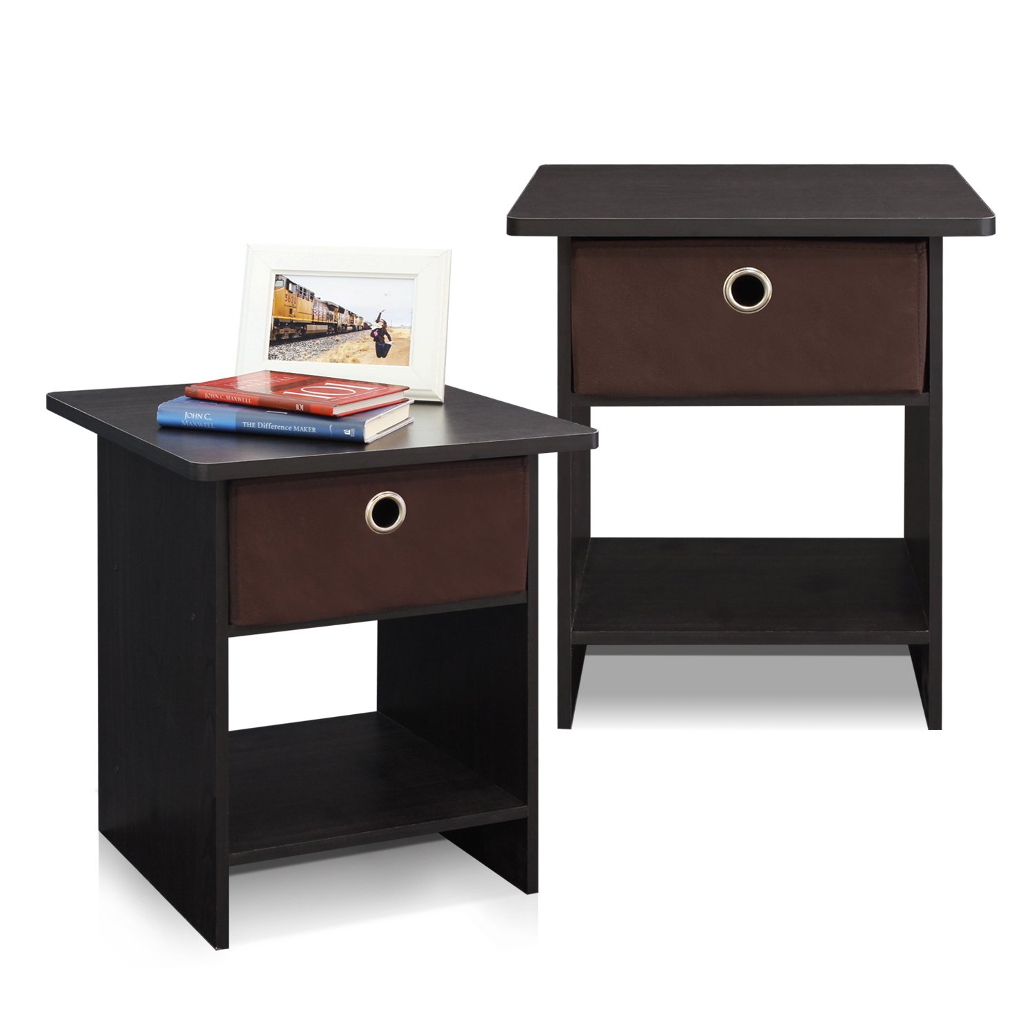 Furinno DARIO Side Table Set of 2, End Table with Storage Bin, Round Corner Night Stand, Bedside Table with Open Back Shelf, for Living Room, Bedroom, Espresso