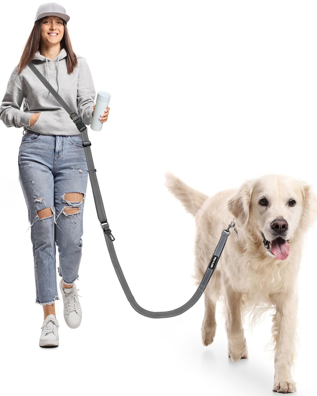 Hands Free Dog Lead, Multifunctional Crossbody Dog Lead, Long Waist Belt with Car Seatbelt and Double-Sided Reflective Stitches for Medium and Large Dogs Walking, etc. (Grey, 1.8-2.9M-Large)
