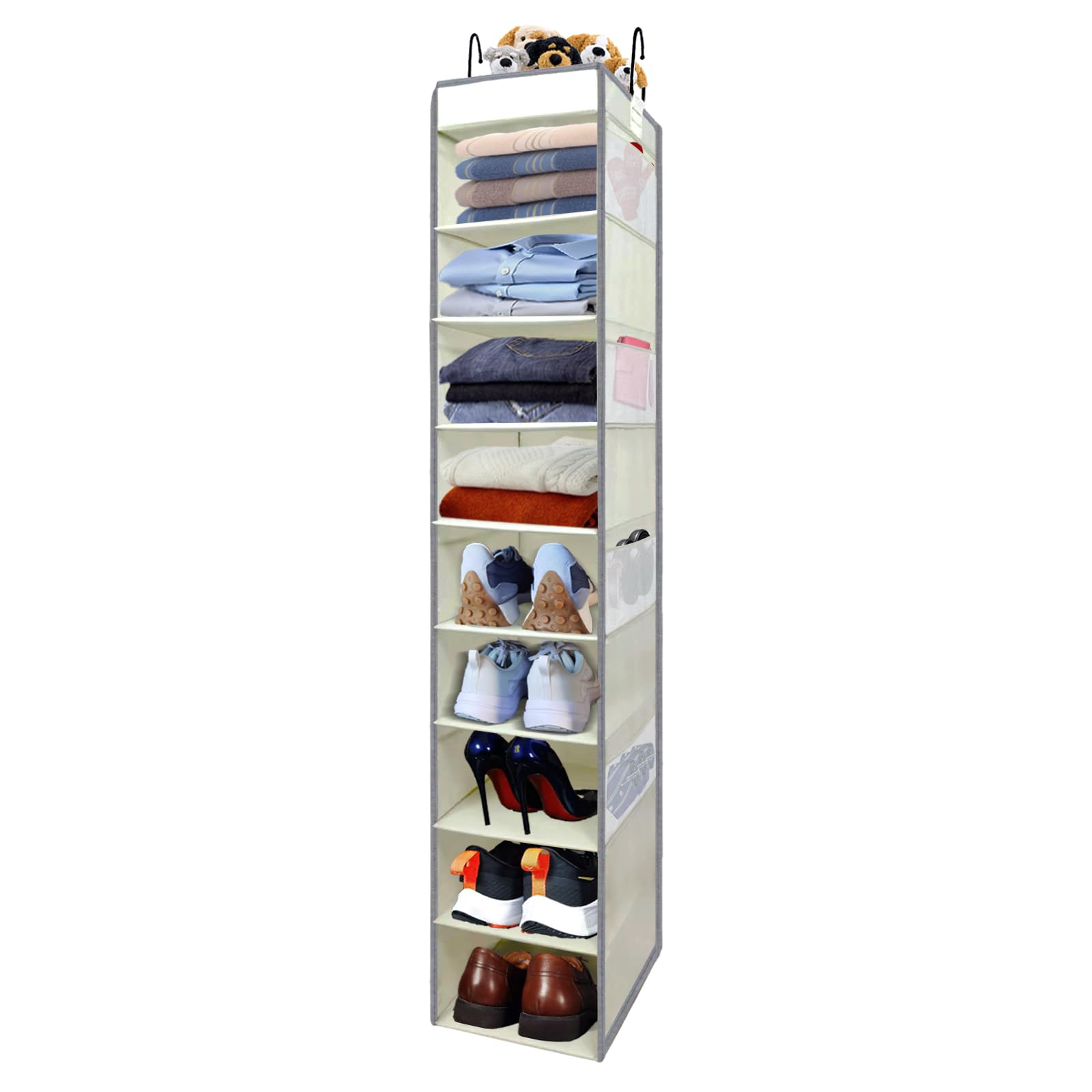 Photo 1 of roomtalk Large-Sized Hanging Shoe Organizer 10-Shelf, Sturdy Hanging Closet Organizer with 8 Side Pockets, Wider Hanging Shelves for Storage Shoes Clothes Jeans Shirts Toys, Beige