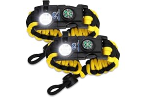 Nexfinity One Survival Paracord Bracelet - Tactical Emergency Gear Kit with SOS LED Light, 550 Grade, Adjustable, Multitools, Fire Starter, Compass, and Whistle - Set of 2