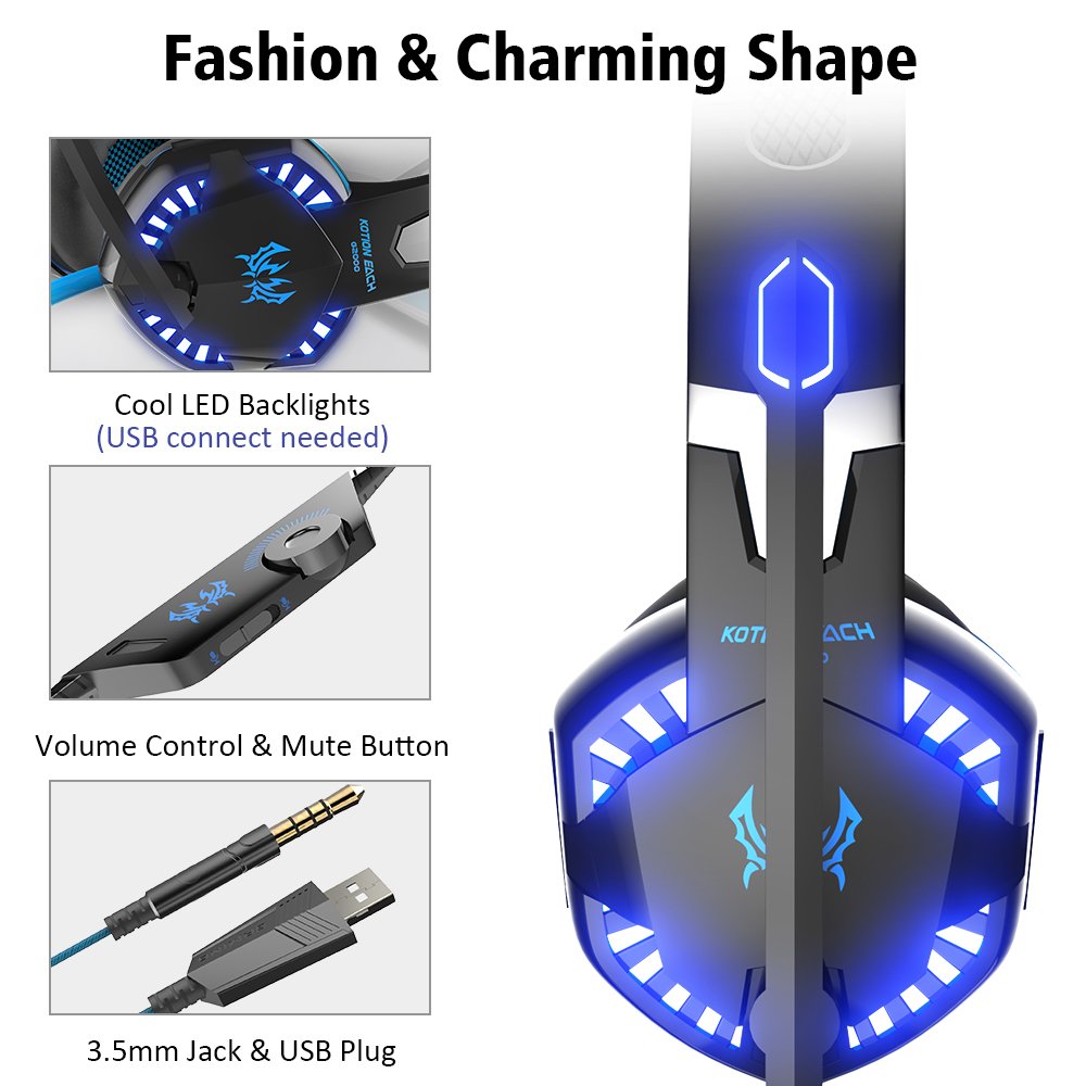 VersionTECH. G2000 Stereo Gaming Headset for Xbox One PS4 PC, Surround Sound Over-Ear Headphones with Noise Cancelling Mic, LED Lights, Volume Control for Laptop, Mac, iPad, Nintendo Switch Games -Blue
