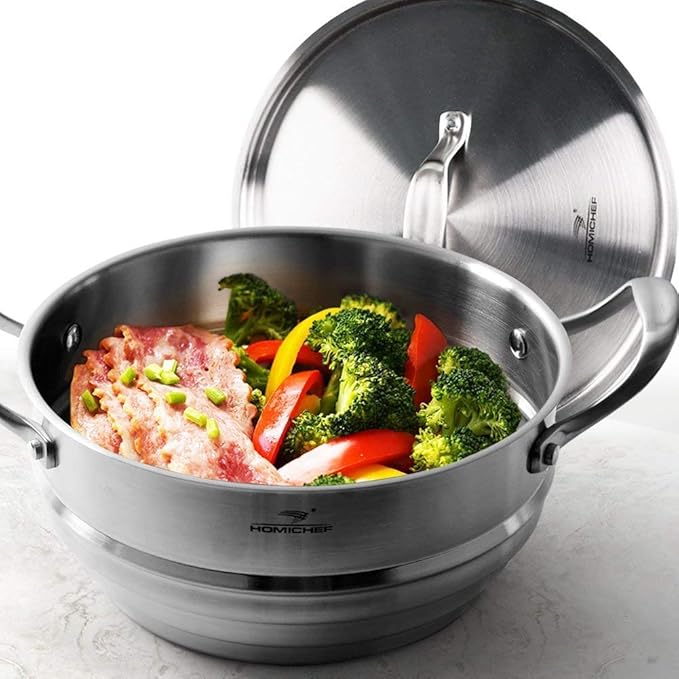 HOMI CHEF 3.6QT 8" WHOLE FOOD Steamer Insert with Lid (3 Ridges for 6"/ 7"/ 8" Pots, 3.7" Deep