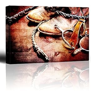 Spurs Boots and Braids - Wood Grain Rustic Artwork - Cowboy Boots and Riding Spurs Braided Leather - Canvas Art Home Art - 12x18 inches