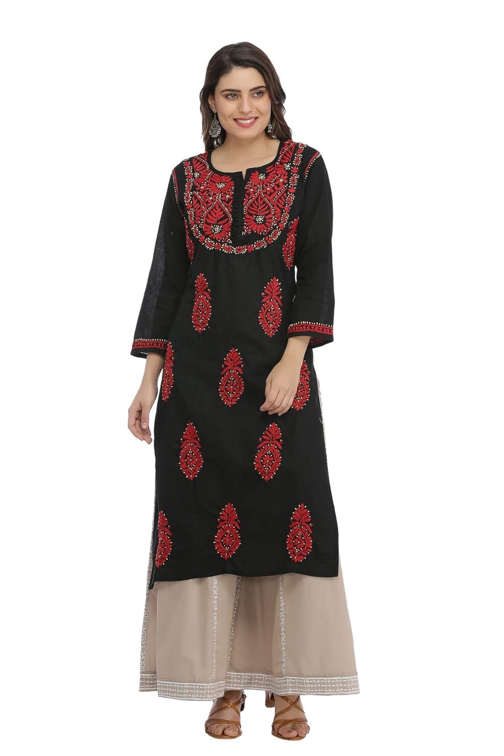 ada hand embroidered lucknow chikan regular wear cotton kurti kurta (a373637_black)