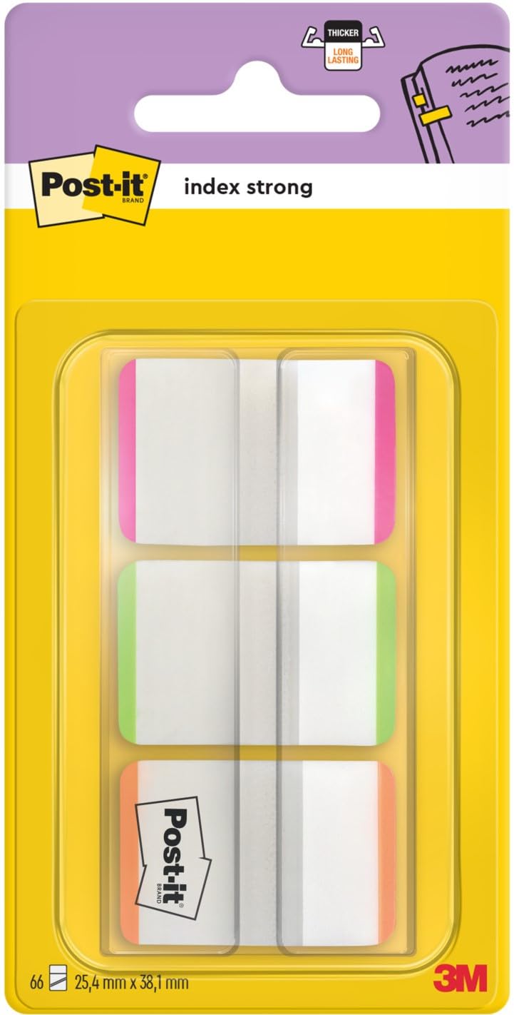 Post-it Index Strong Filing Tabs, Medium, Orange, Pink and Green, 1 Dispenser, 25.4 mm x 38.1 mm, 66 Tabs - to Mark, Highlight or Color Code Important Information