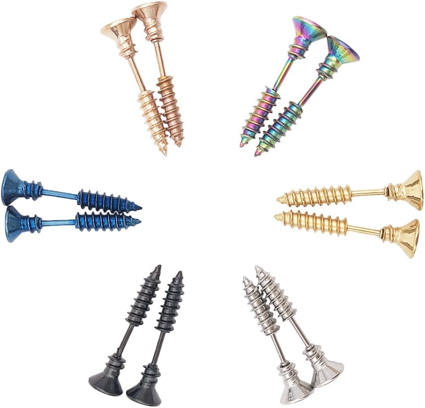 Epoch World 6 works Stainless Steel Screws Earrings for Men Boys Women Stud Earrings Spike Earrings Punk Silver Black Gold - Image 3