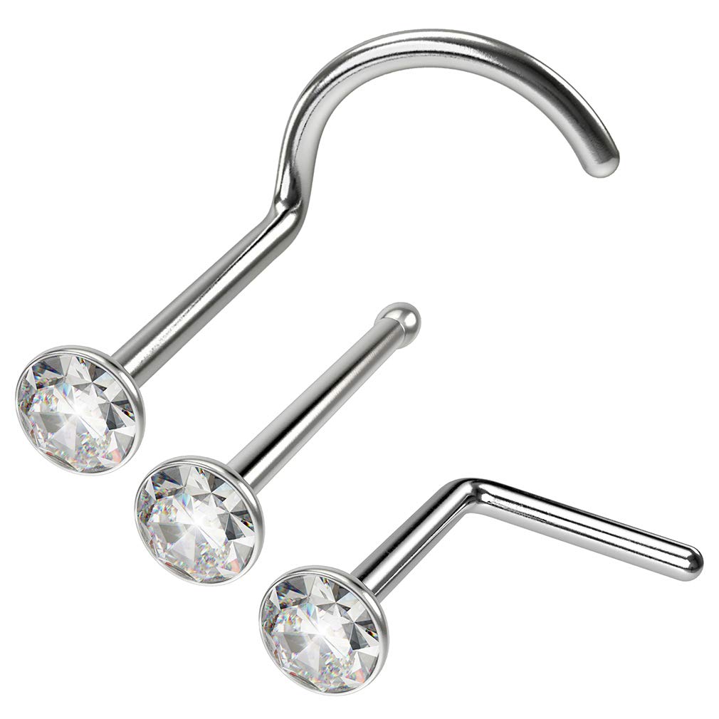 3pc Nose Studs Bone Stud 0.8mm 20g Rings Clear L Shap Small Flat 2mm Crystal Tiny CZ 20 Gauge Face for Women Ring Pericings Bend 316l Surgical Steel Stainless